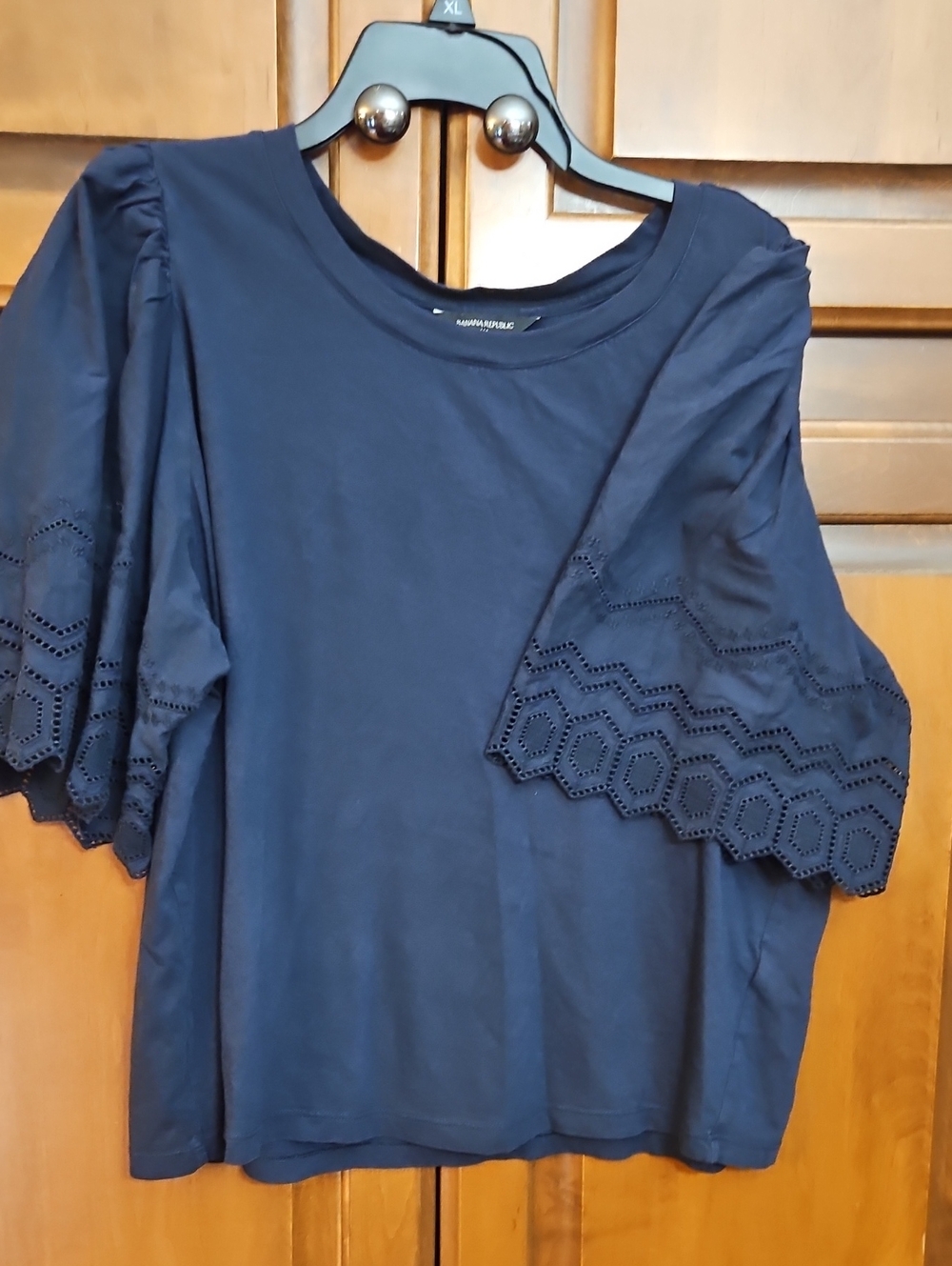 Bannana Republic Navy Eyelet Flutter Sleeve Tee - Women's Short Sleeve Top